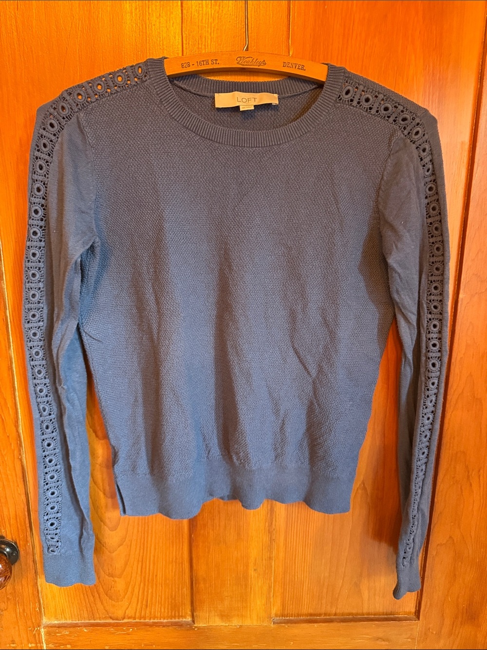 LOFT Navy Crewneck Sweater with Eyelet Sleeve Trim